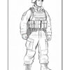 A soldier in combat gear stands confidently, featuring a helmet, tactical vest, and heavy boots, with a blank background.