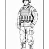 A soldier standing in full gear, wearing a helmet, body armor, and tactical vest, with military boots and a serious expression.