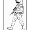 A soldier in tactical gear walks while holding a rifle, featuring a military uniform and a helmet with goggles.