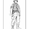 Line art illustration of a soldier wearing a helmet, tactical vest with pouches, and combat boots, standing upright.