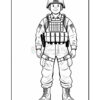 Line art of a soldier in full gear, smiling, with a helmet, tactical vest, and combat boots.