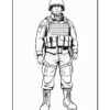 A line drawing of a soldier wearing a helmet and tactical vest, standing in a relaxed pose.