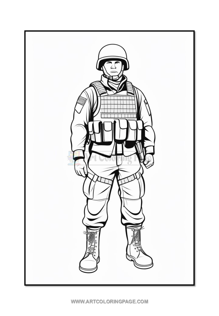 A line drawing of a soldier wearing a helmet and tactical vest, standing in a relaxed pose.