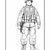 A soldier in military gear, standing with a firearm, ready for action in a coloring page format.
