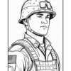 Line art illustration of a soldier wearing a helmet with stars, an army uniform, and tactical gear, ready for a coloring activity.