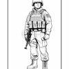 A soldier wearing camouflage and a helmet, holding a rifle, with tactical gear and boots.