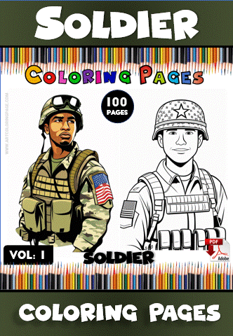 Soldier coloring pages from artcoloringpage.com, featuring two illustrations: a soldier in uniform and a black-and-white coloring book design.