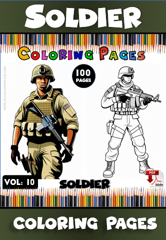 Soldier coloring pages featuring two illustrated soldiers, one colored and one outlined for coloring, from a free coloring book on artcoloringpage.com.