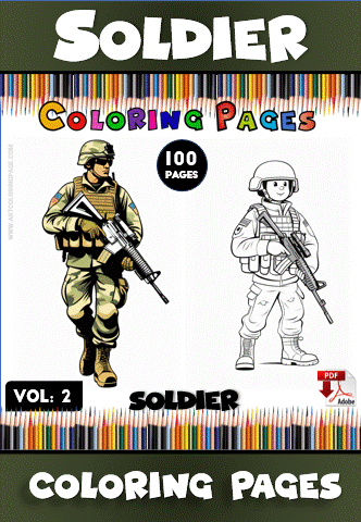 Soldier-themed coloring page from artcoloringpage.com featuring military illustrations, part of a free coloring book with 100 pages.