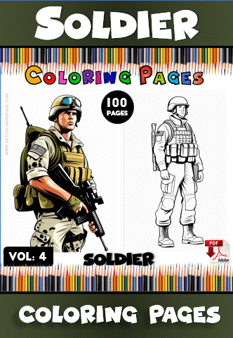 Coloring page featuring a soldier, part of a free coloring book with 100 pages available at artcoloringpage.com.