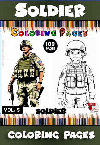 Coloring page featuring a soldier, showcasing both a realistic and cartoon version, from a coloring book at artcoloringpage.com with free coloring pages.