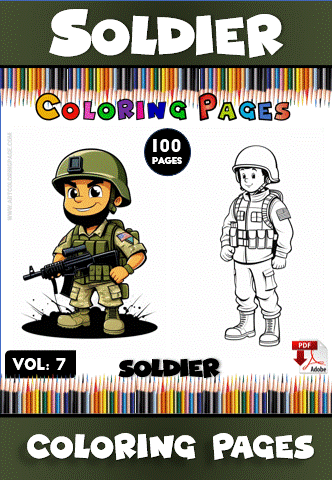 Coloring book cover featuring soldier illustrations, promoting free coloring pages on artcoloringpage.com.