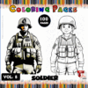 A soldier coloring page featuring a realistic soldier on one side and a cartoon soldier on the other, from a coloring book with 100 pages available at artcoloringpage.com for free coloring pages.