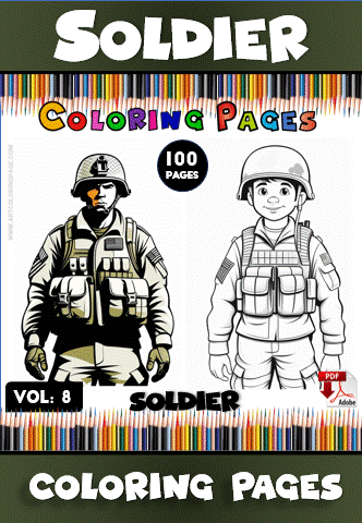 A soldier coloring page featuring a realistic soldier on one side and a cartoon soldier on the other, from a coloring book with 100 pages available at artcoloringpage.com for free coloring pages.