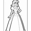 A cartoon princess with a crown, wearing a long gown and standing with one hand on her hip.
