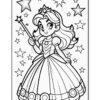 A princess holding a wand, wearing a crown and a flowing gown, surrounded by stars, outlined for coloring.