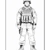 A soldier in tactical gear, standing upright with a serious expression and holding a weapon, illustrated in black and white.