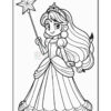 A cartoon princess in a flowing gown holds a wand with a star tip, featuring long hair and a tiara.