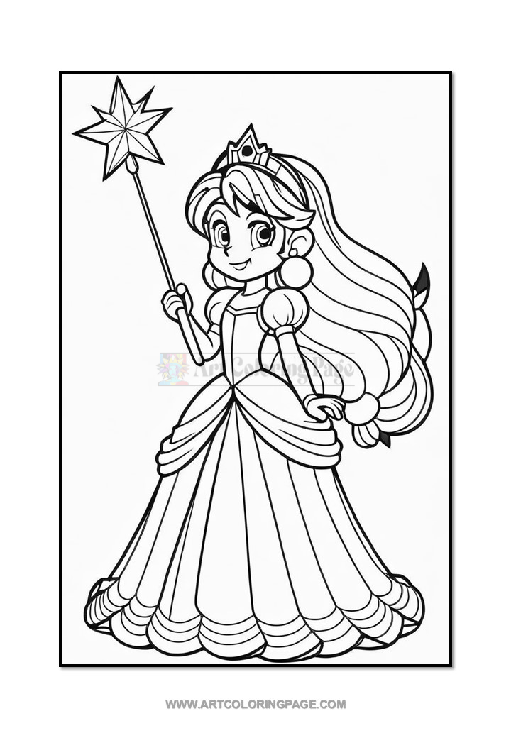A cartoon princess in a flowing gown holds a wand with a star tip, featuring long hair and a tiara.
