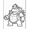 A cartoon-style coloring page featuring a large character with spiky back and an angry expression, wearing armor.
