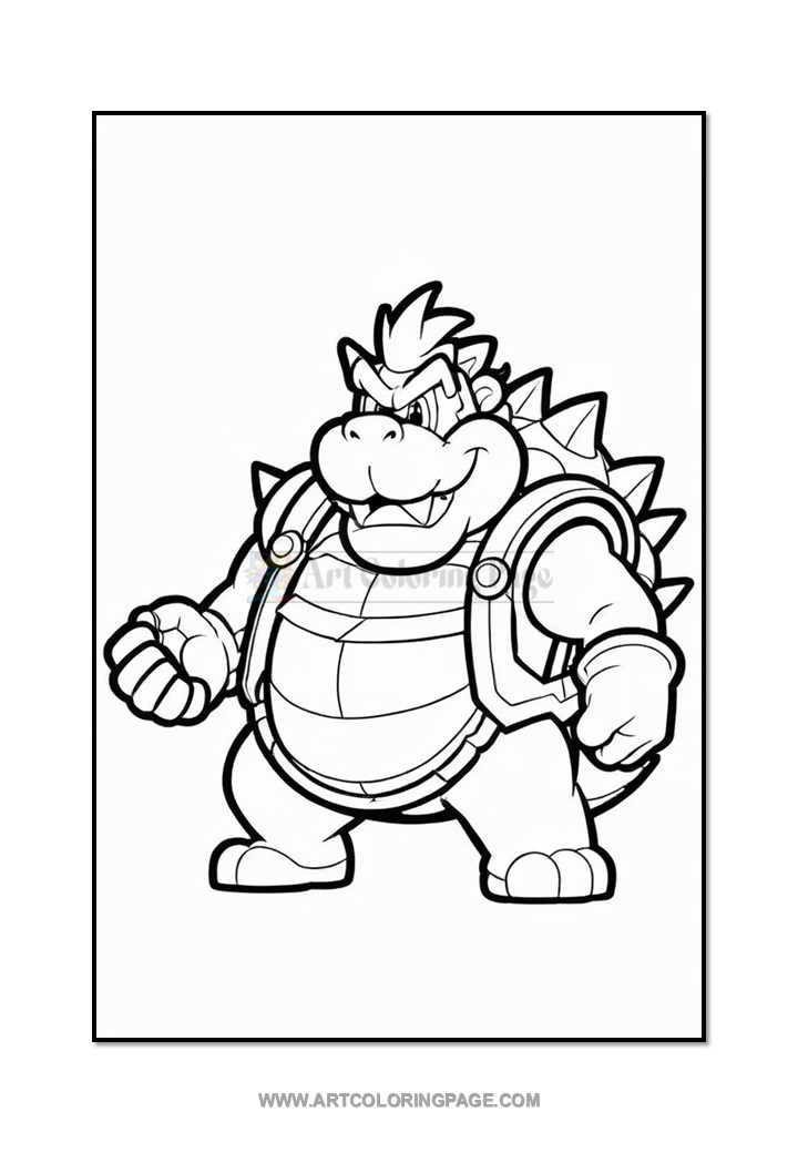 A cartoon-style coloring page featuring a large character with spiky back and an angry expression, wearing armor.
