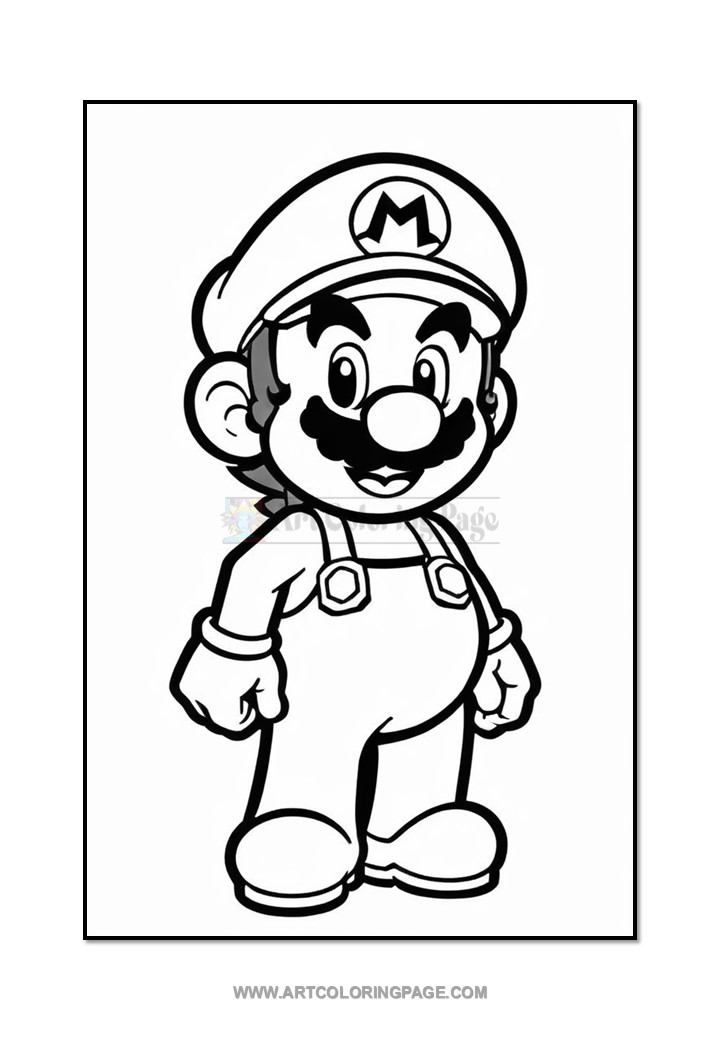 Mario, a cartoon character with a mustache, wearing a cap and overalls, posed confidently with hands on hips.