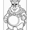 A cartoonish king with a crown, wearing elaborate robes and a confident expression, stands with arms crossed, ready to be colored.