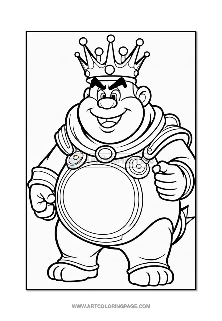 A cartoonish king with a crown, wearing elaborate robes and a confident expression, stands with arms crossed, ready to be colored.