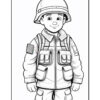 A cartoon-style soldier wearing a helmet and military uniform with pockets, standing with a friendly expression.