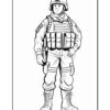 A soldier in a military uniform with gear and boots stands confidently in front of a plain background.