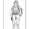Line art illustration of a soldier standing with a gun, wearing military gear including a helmet and tactical vest.
