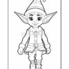 A cheerful elf with pointed ears and a striped hat, walking confidently in a coloring page style.