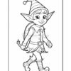 A cartoon elf character with pointy ears and a striped hat, walking happily in a playful, outlined style for coloring.