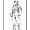 A soldier in combat gear stands confidently, wearing a helmet and tactical vest with pouches, ready for action.