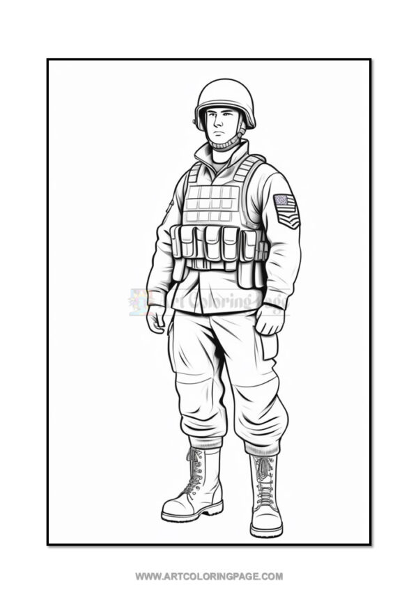 A soldier in combat gear stands confidently, wearing a helmet and tactical vest with pouches, ready for action.