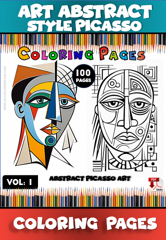 Coloring pages featuring abstract art inspired by Picasso, available on artcoloringpage.com; includes 100 pages for a coloring book.