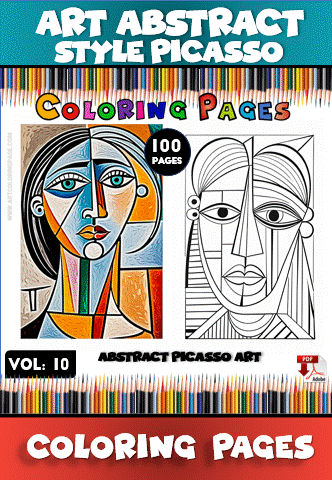 Abstract coloring pages featuring Picasso-style artwork, available at artcoloringpage.com with 100 pages designed for coloring books.