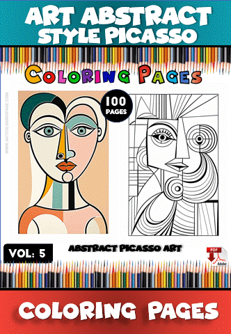 Abstract art coloring pages inspired by Picasso, featuring bold lines and geometric shapes for artcoloringpage.com coloring book.