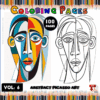 Abstract coloring page inspired by Picasso, featuring a colorful face design alongside its black and white outline, labeled for artcoloringpage.com.