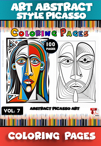 Abstract Picasso art coloring pages featuring two portraits, one colored and one outlined, from a coloring book series.