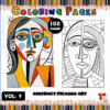 Two abstract Picasso-style coloring pages, featuring distinct facial designs, promoting a coloring book with 100 pages from artcoloringpage.com.