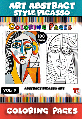 Two abstract Picasso-style coloring pages, featuring distinct facial designs, promoting a coloring book with 100 pages from artcoloringpage.com.