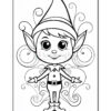 A cartoon elf with a pointed hat and big eyes stands with arms outstretched, surrounded by swirly decorative elements.