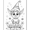 A cheerful elf character with large eyes, wearing a pointed hat and standing among bubbles and plants.
