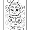 A cartoon elf with pointy ears and a striped hat stands confidently among bubbles, ready for coloring.