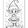 A cheerful elf in a striped outfit with a pointed hat stands amidst bubbles and fluffy clouds.