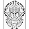 A detailed line drawing of an ancient warrior's mask featuring intricate patterns, feathers, and ornamental elements.
