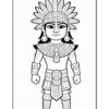 Aztec warrior character with a large feathered headdress and ornate armor, standing confidently with arms at his sides.