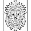 A detailed black and white illustration of an Aztec-style mask, featuring intricate patterns and decorative elements.