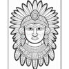 A detailed line drawing of a stylized Indigenous face with intricate headdress and jewelry, suitable for coloring.